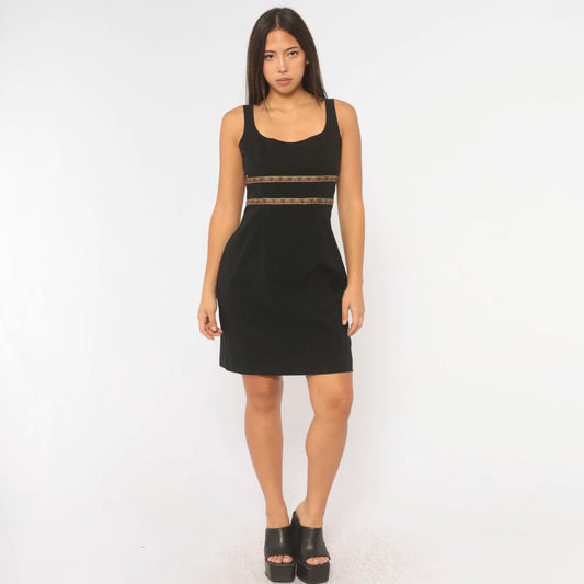 Y2K Express Black Mini Dress Floral Ribbon Tie Back Small S