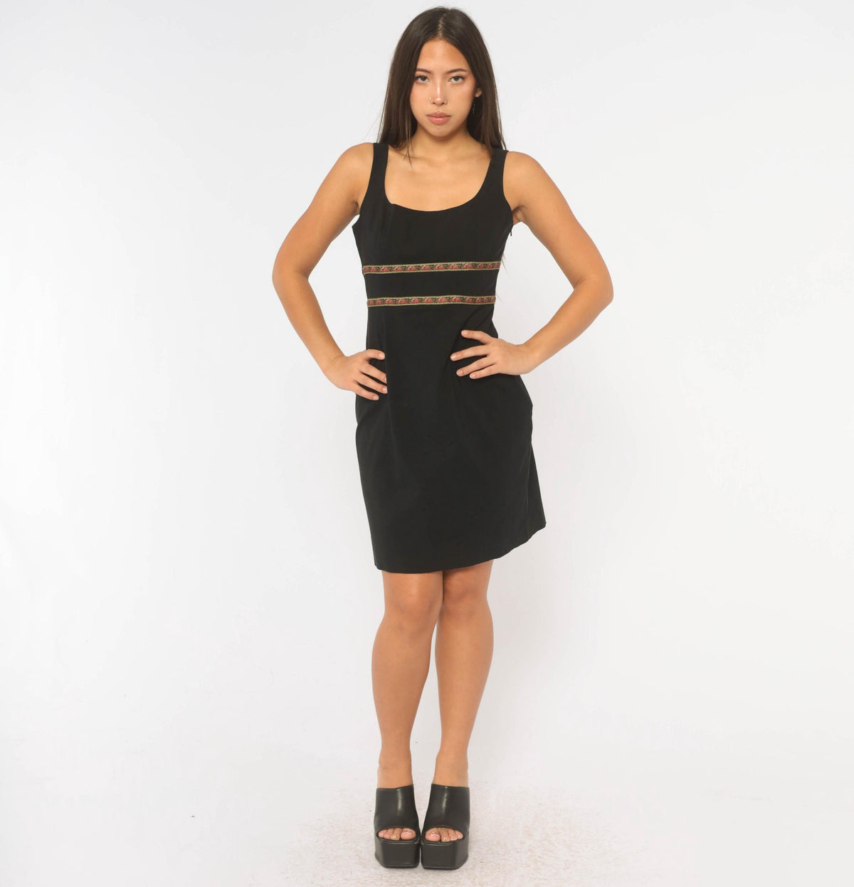 Y2K Express Black Mini Dress Floral Ribbon Tie Back Small S