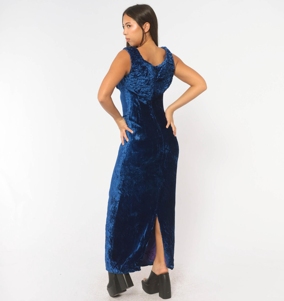 60s Cobalt Crushed Velvet Maxi Dress Daisy Embroidered Cowl Draped Evening Gown Medium M