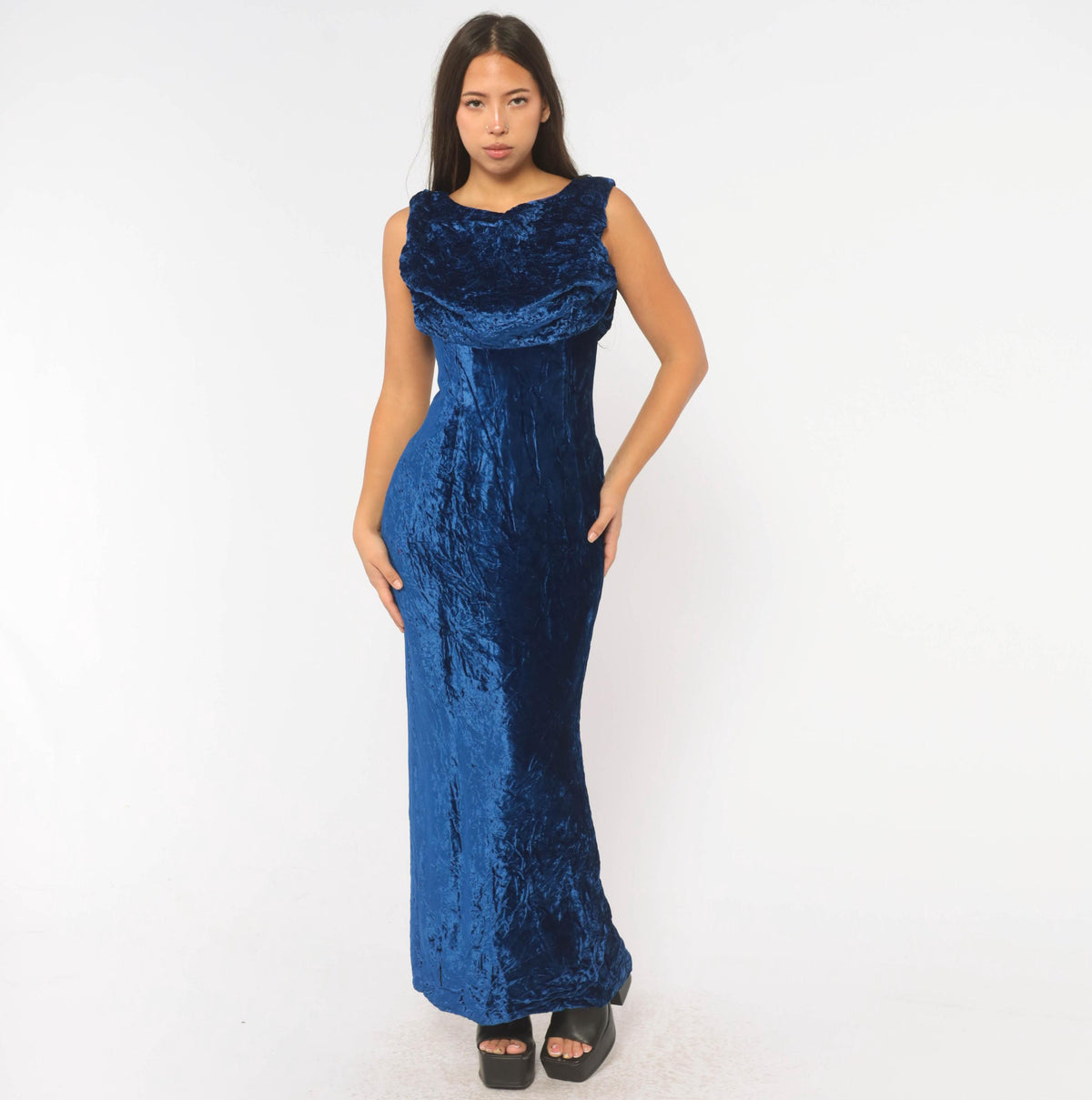 60s Cobalt Crushed Velvet Maxi Dress Daisy Embroidered Cowl Draped Evening Gown Medium M