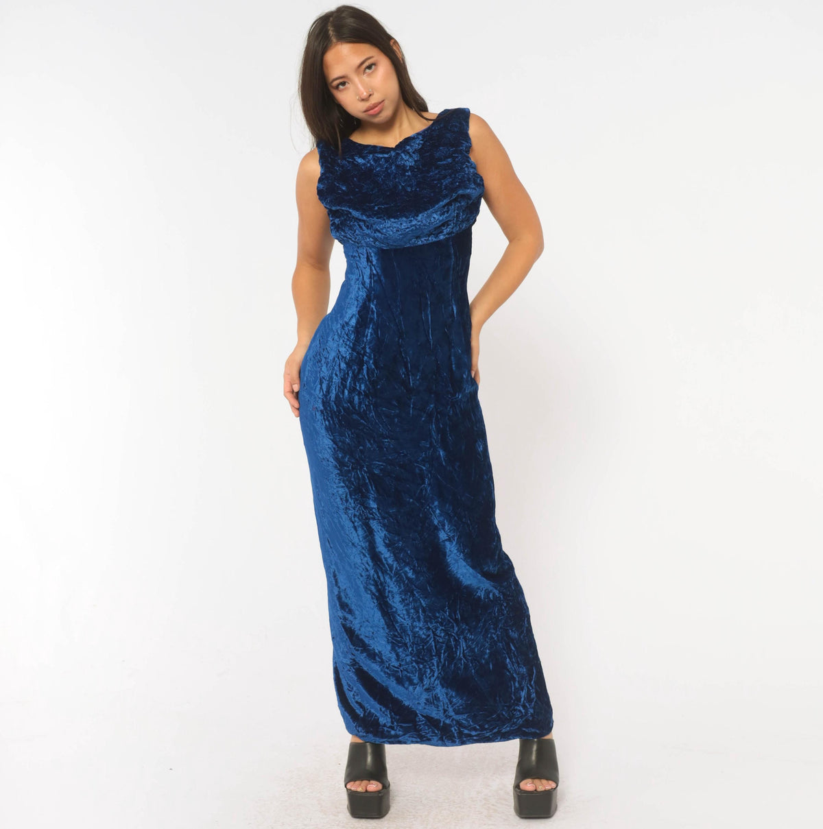 60s Cobalt Crushed Velvet Maxi Dress Daisy Embroidered Cowl Draped Evening Gown Medium M