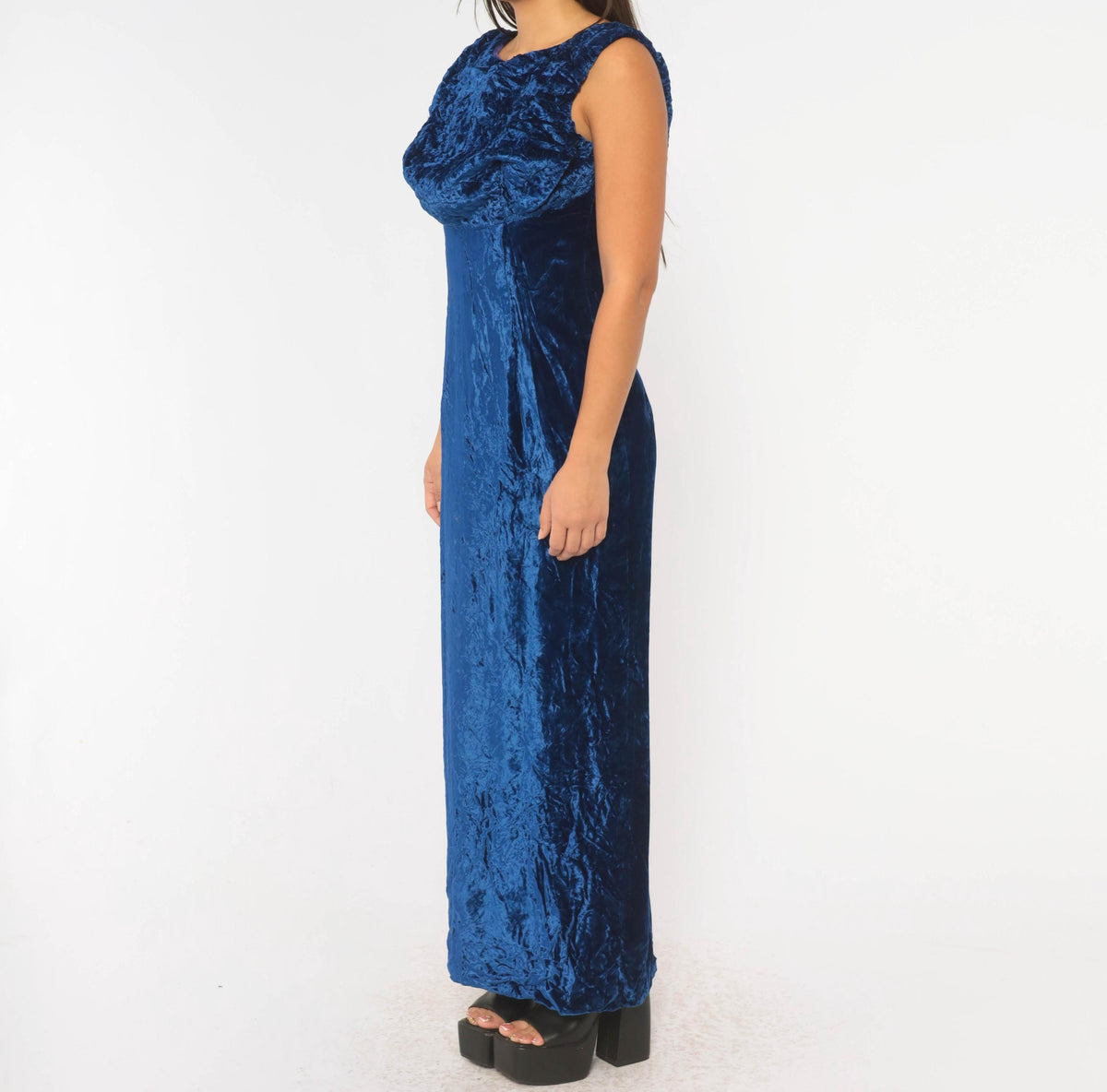 60s Cobalt Crushed Velvet Maxi Dress Daisy Embroidered Cowl Draped Evening Gown Medium M