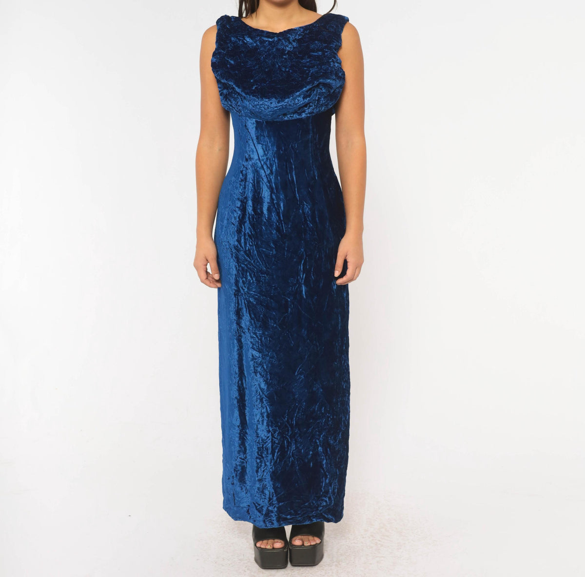 60s Cobalt Crushed Velvet Maxi Dress Daisy Embroidered Cowl Draped Evening Gown Medium M