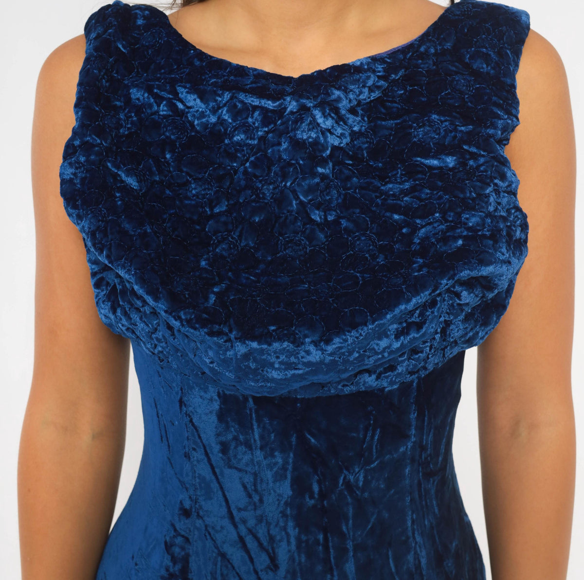 60s Cobalt Crushed Velvet Maxi Dress Daisy Embroidered Cowl Draped Evening Gown Medium M