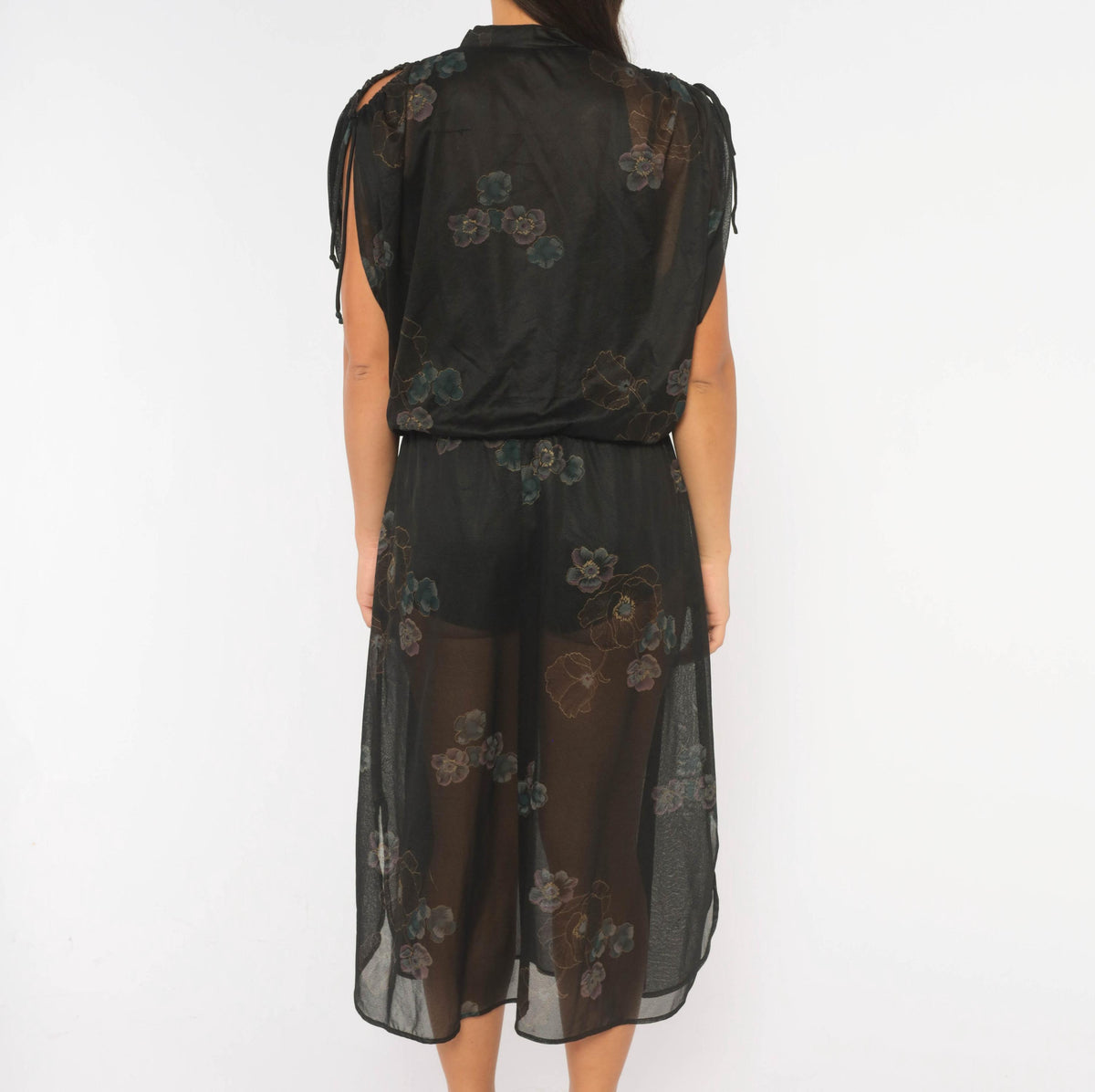 80s Black Chiffon Midi Dress Purple Floral Print V-Neck Cold Shoulder Large L