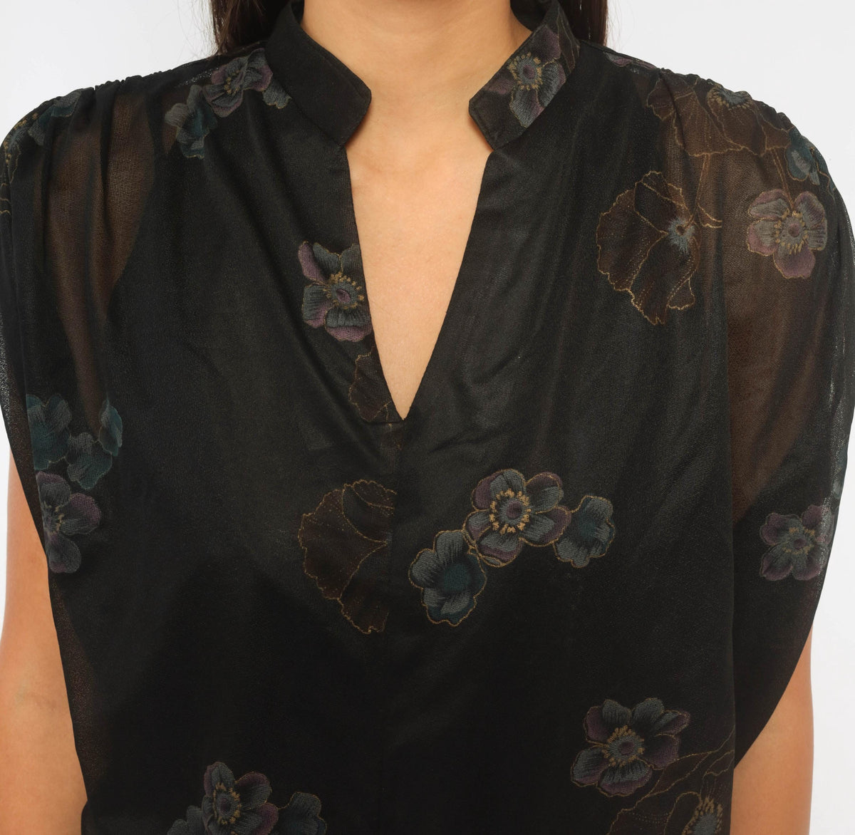 80s Black Chiffon Midi Dress Purple Floral Print V-Neck Cold Shoulder Large L