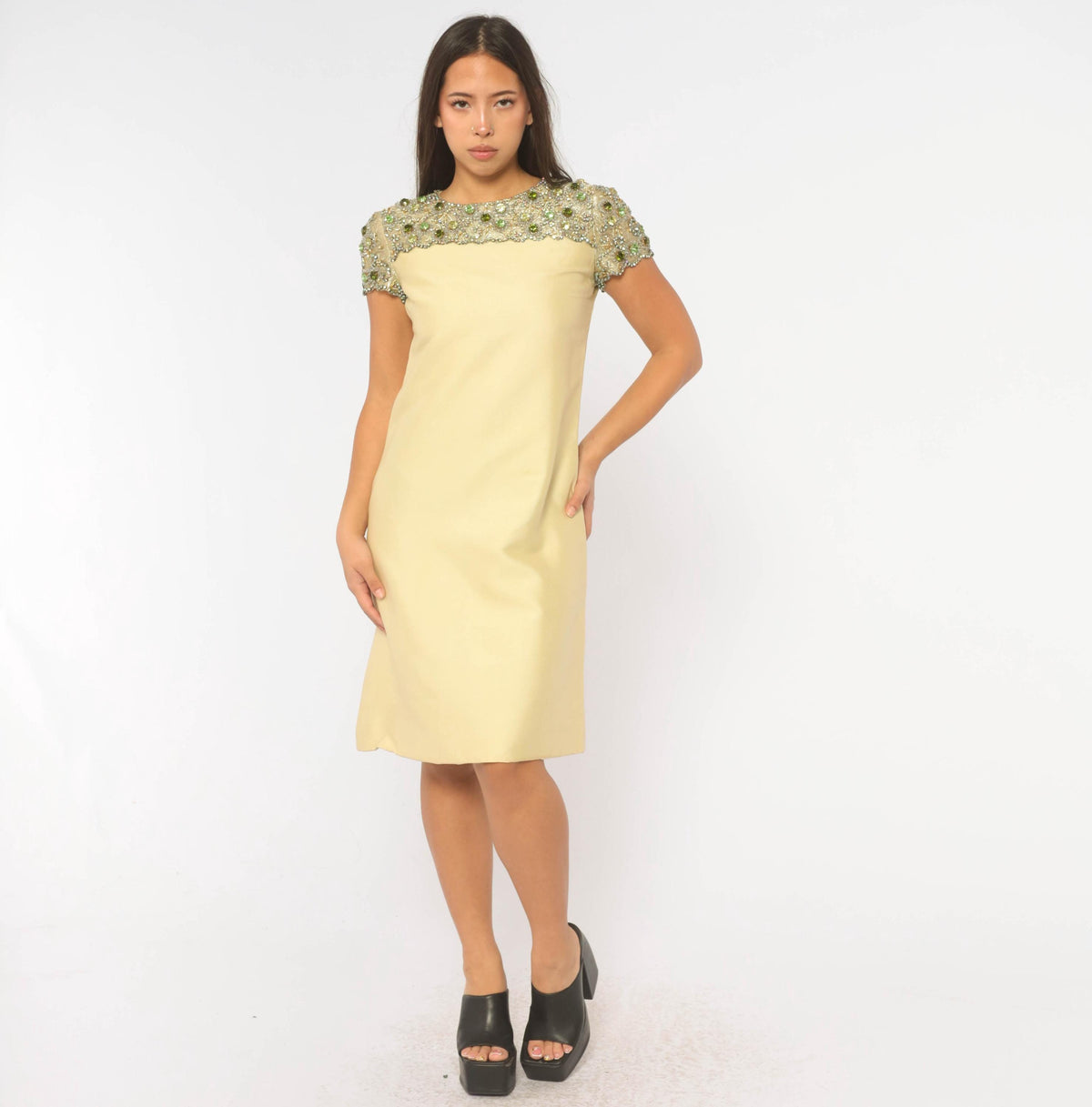 60s Cream Shift Dress Beaded Rhinestone Yoke Scalloped Mod Cocktail Small