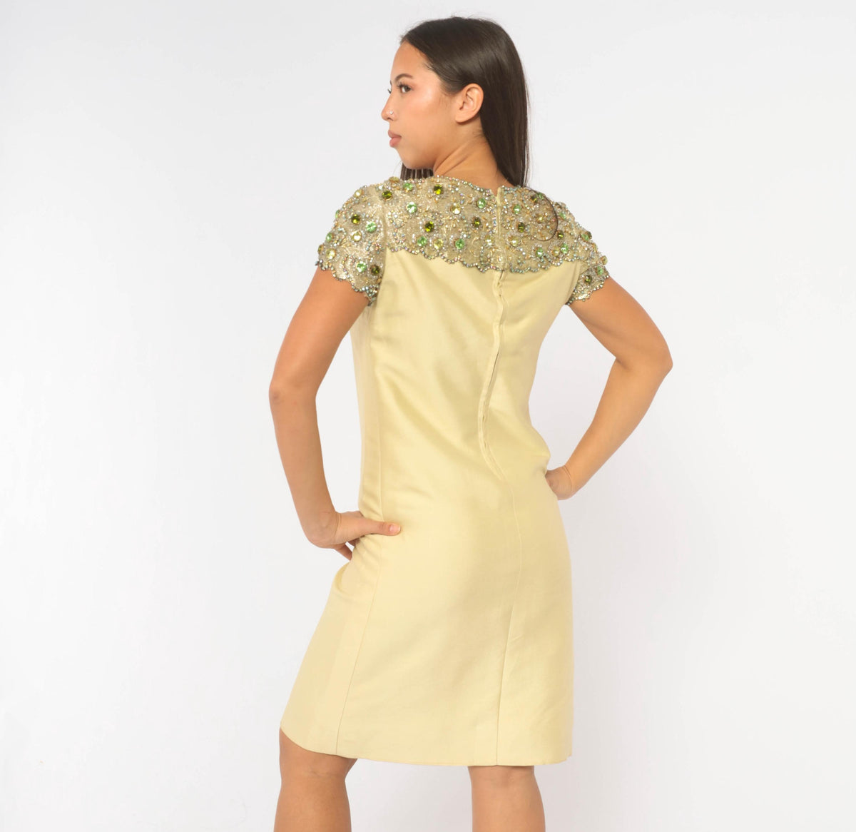 60s Cream Shift Dress Beaded Rhinestone Yoke Scalloped Mod Cocktail Small