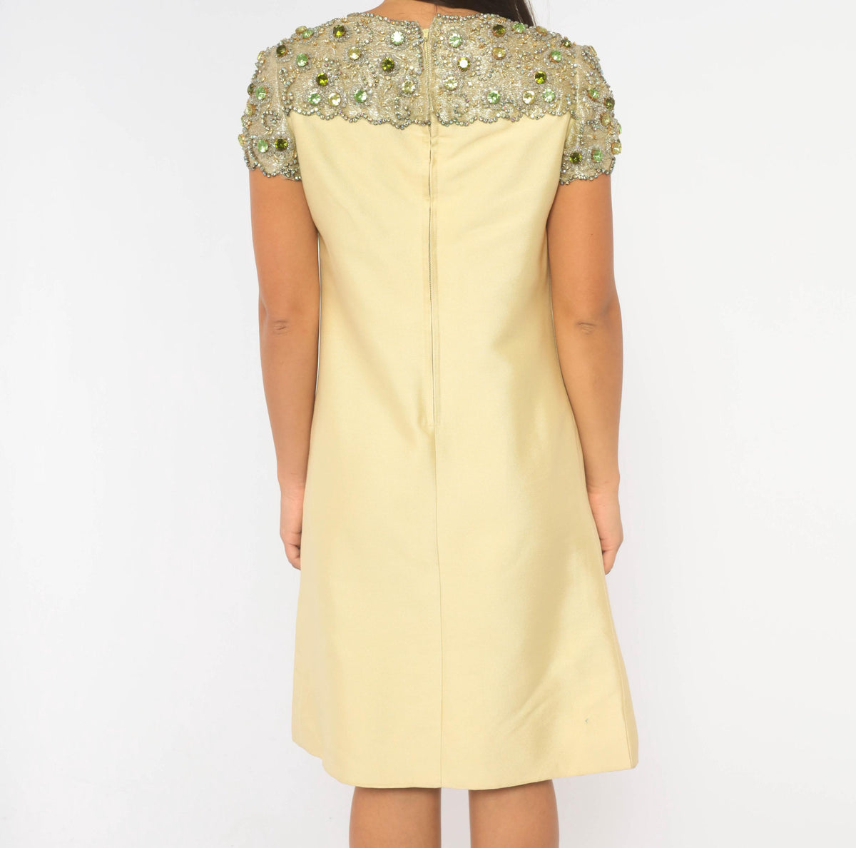 60s Cream Shift Dress Beaded Rhinestone Yoke Scalloped Mod Cocktail Small