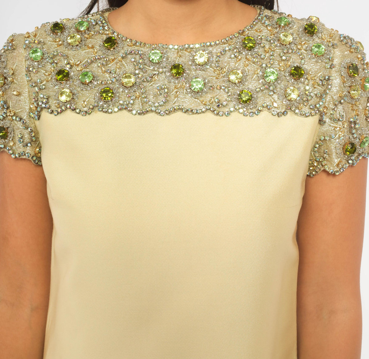 60s Cream Shift Dress Beaded Rhinestone Yoke Scalloped Mod Cocktail Small