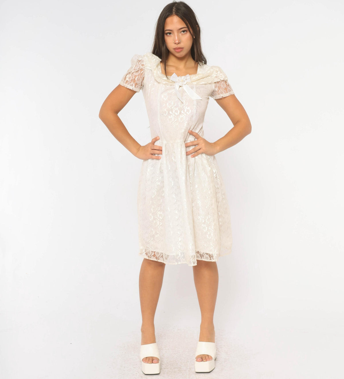 90s Rose Cottage White Lace Dress Square Neck Drop Waist Satin Bow Extra Small XS