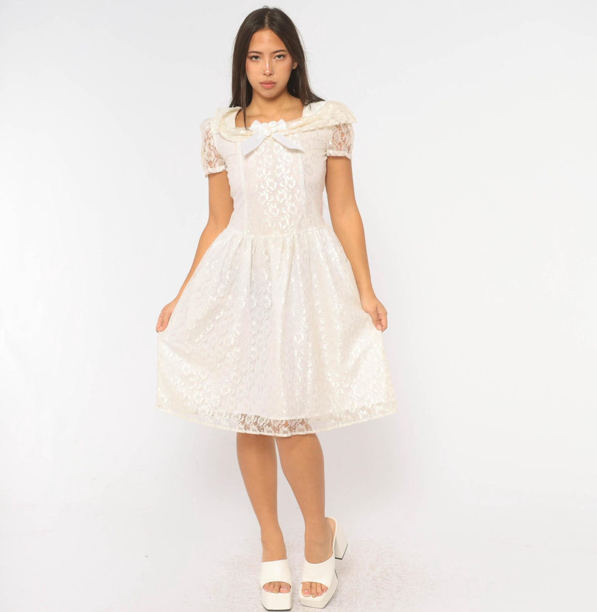 90s Rose Cottage White Lace Dress Square Neck Drop Waist Satin Bow Extra Small XS