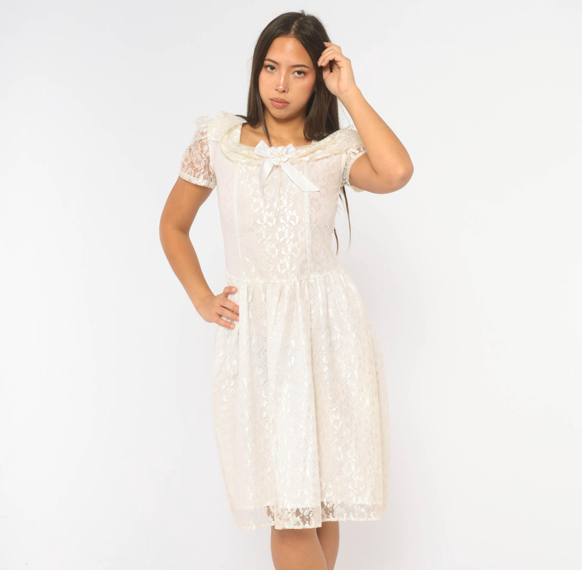 90s Rose Cottage White Lace Dress Square Neck Drop Waist Satin Bow Extra Small XS
