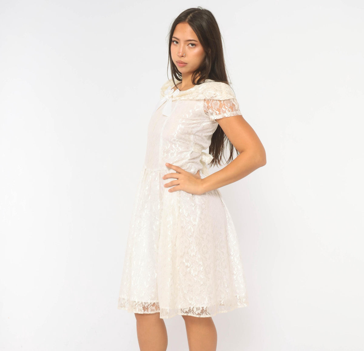90s Rose Cottage White Lace Dress Square Neck Drop Waist Satin Bow Extra Small XS