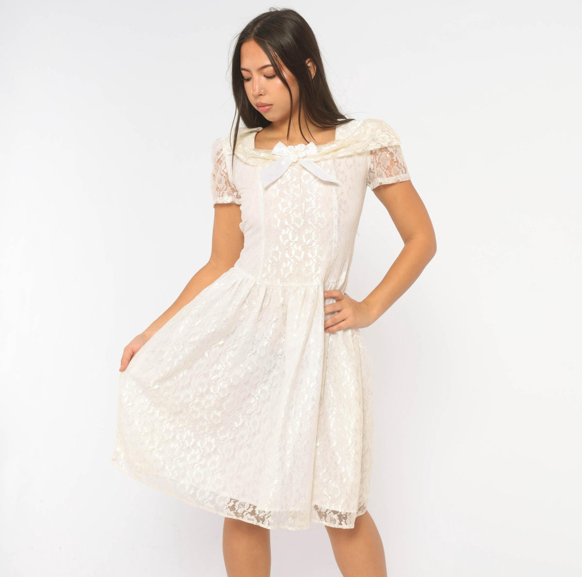 90s Rose Cottage White Lace Dress Square Neck Drop Waist Satin Bow Extra Small XS