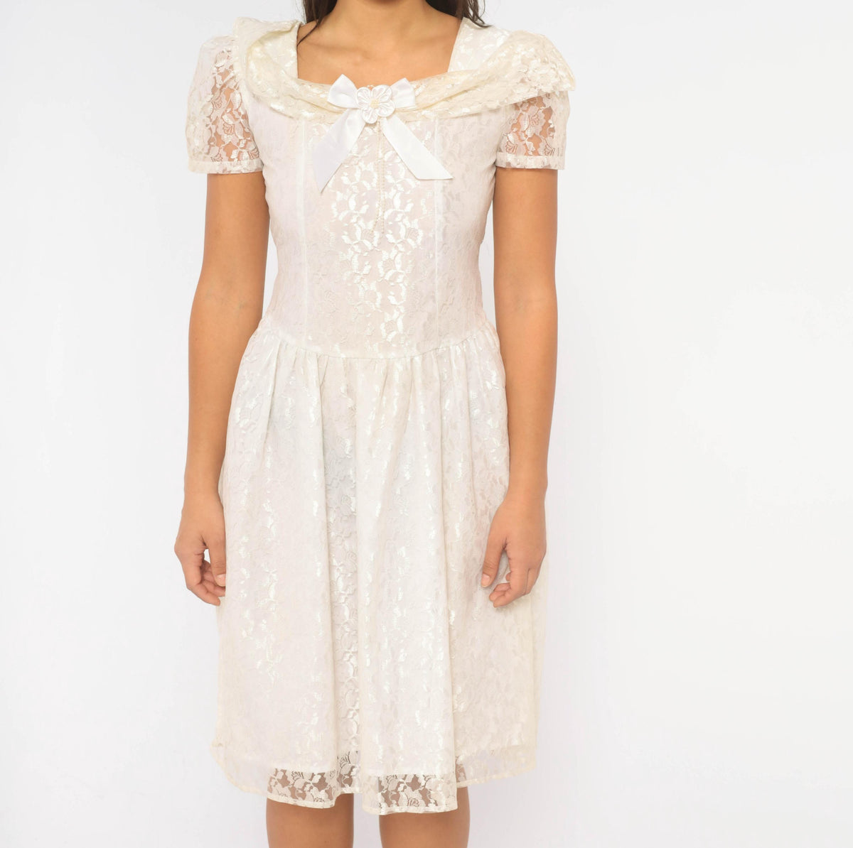 90s Rose Cottage White Lace Dress Square Neck Drop Waist Satin Bow Extra Small XS