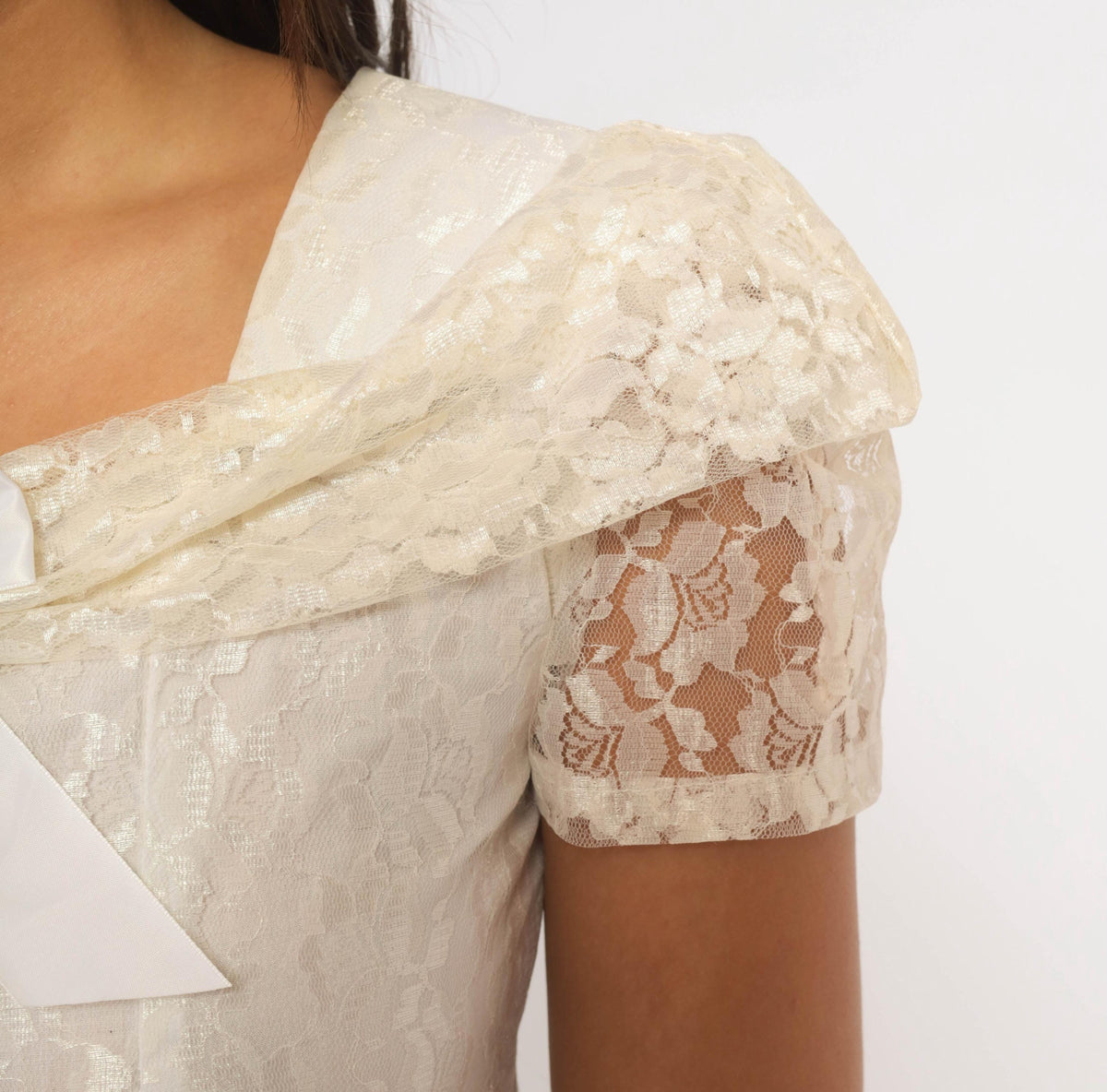 90s Rose Cottage White Lace Dress Square Neck Drop Waist Satin Bow Extra Small XS