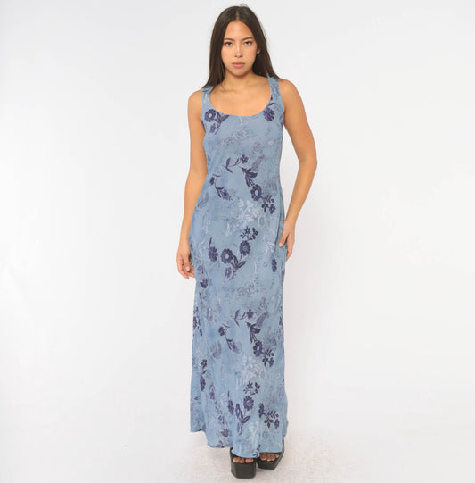 90s All That Jazz Blue Floral Maxi Dress Sleeveless A-Line Small S