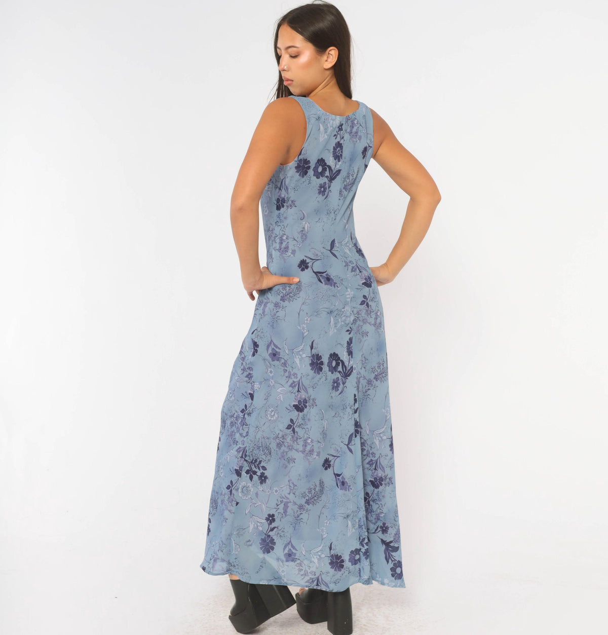 90s All That Jazz Blue Floral Maxi Dress Sleeveless A-Line Small S