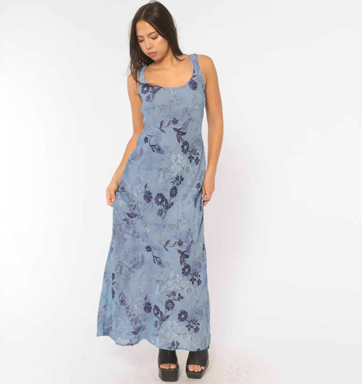 90s All That Jazz Blue Floral Maxi Dress Sleeveless A-Line Small S