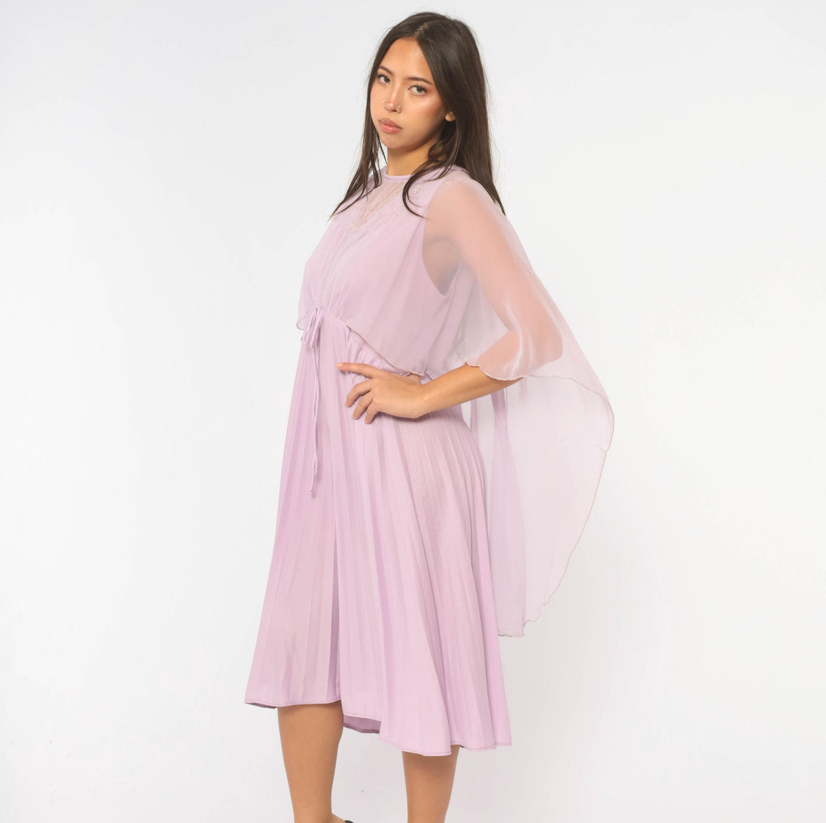 70s Lavender Midi Dress Cape Sleeve Embroidered Floral Pearl Beads Large L