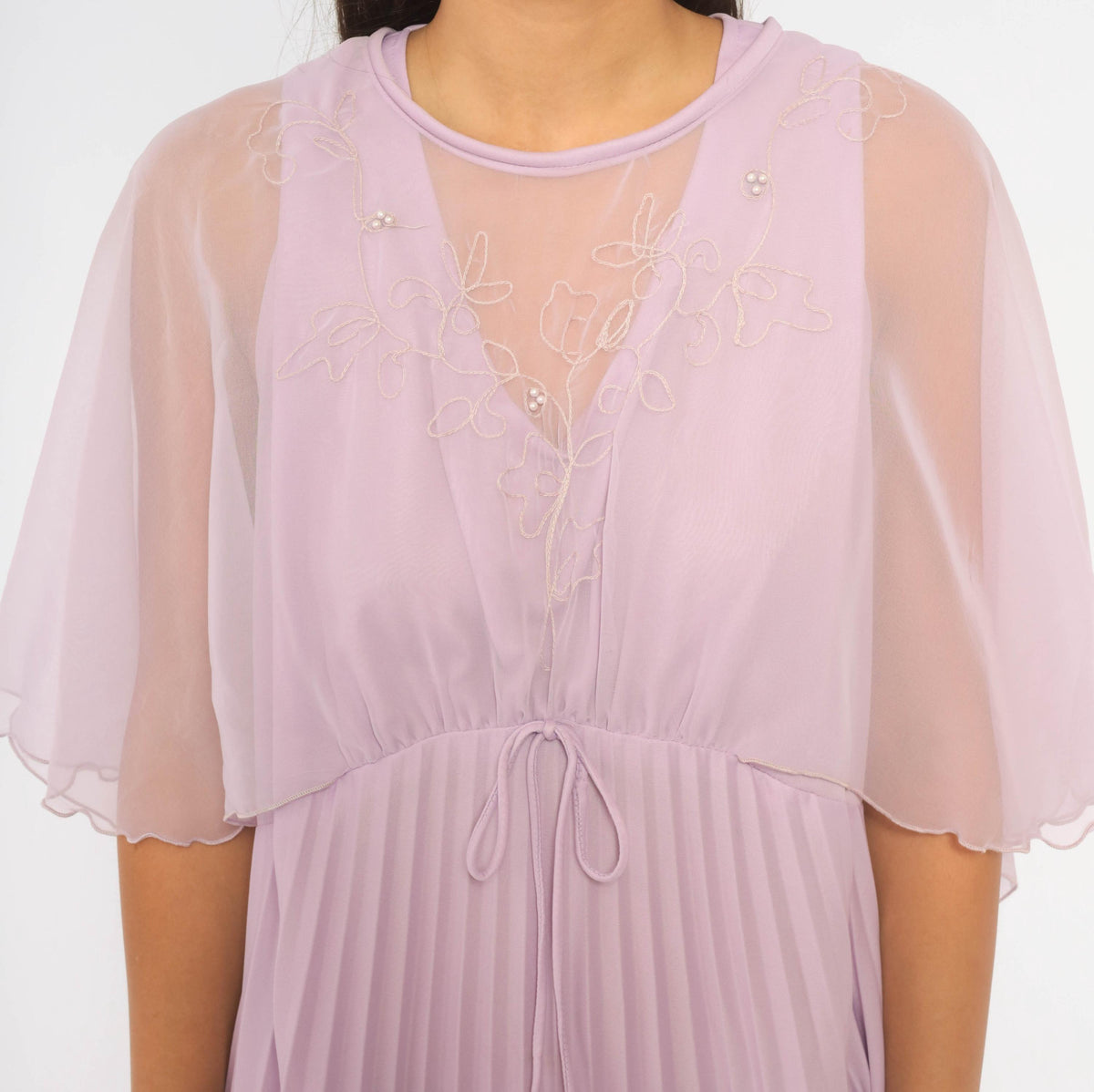 70s Lavender Midi Dress Cape Sleeve Embroidered Floral Pearl Beads Large L