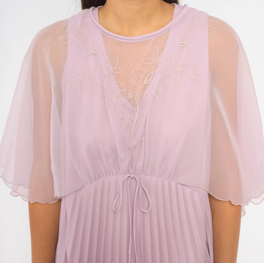 70s Lavender Midi Dress Cape Sleeve Embroidered Floral Pearl Beads Large L