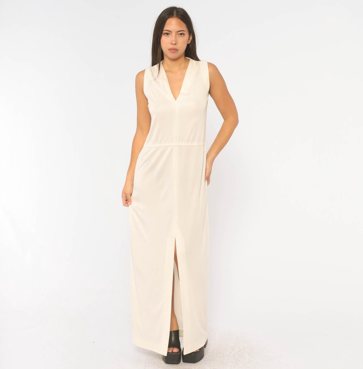 70s Victor Costa Cream Maxi Dress Deep V Neck Drop Waist Front Slit Medium