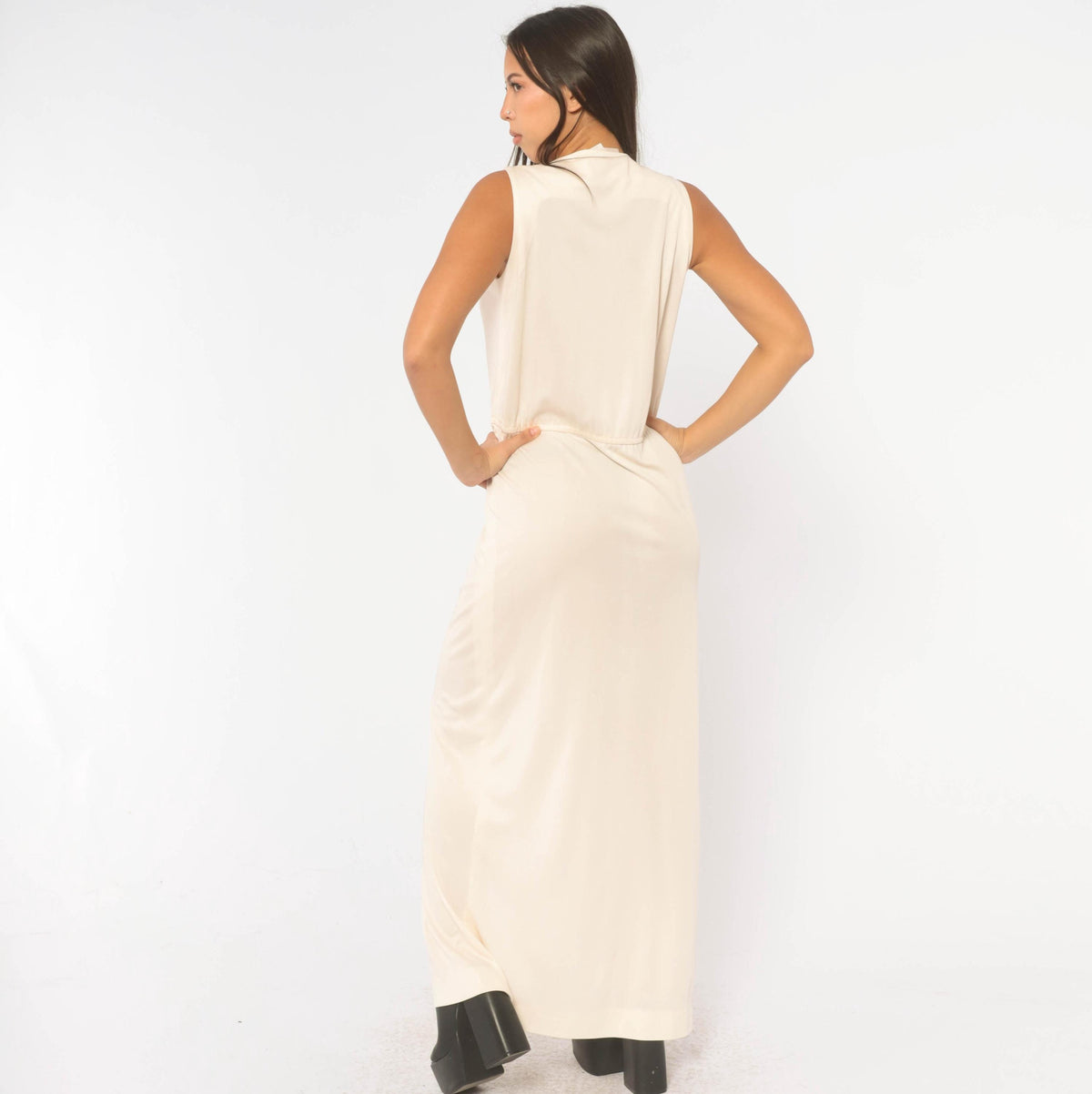 70s Victor Costa Cream Maxi Dress Deep V Neck Drop Waist Front Slit Medium