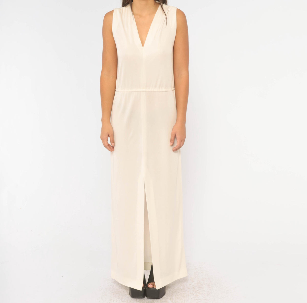 70s Victor Costa Cream Maxi Dress Deep V Neck Drop Waist Front Slit Medium