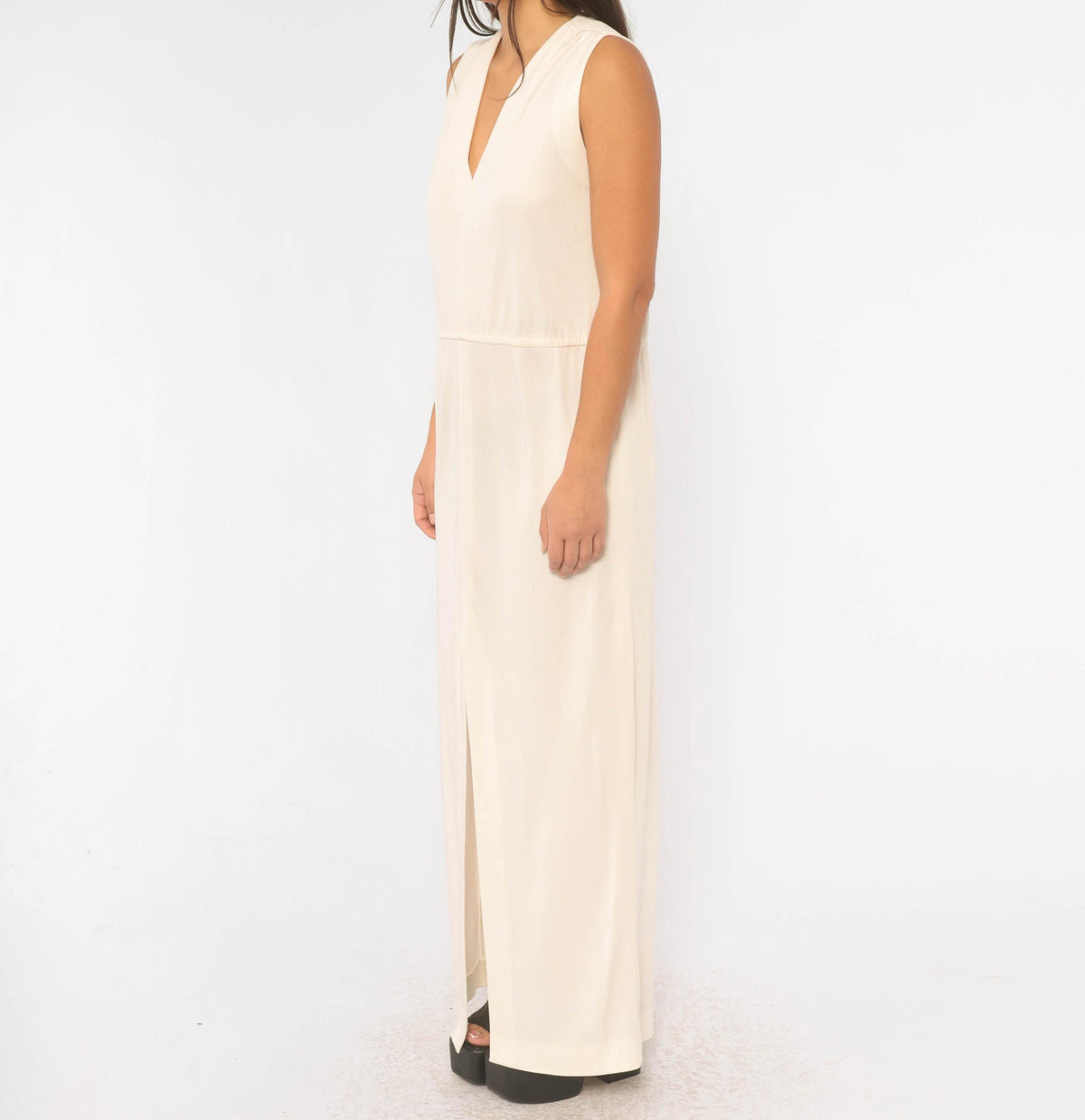 70s Victor Costa Cream Maxi Dress Deep V Neck Drop Waist Front Slit Medium