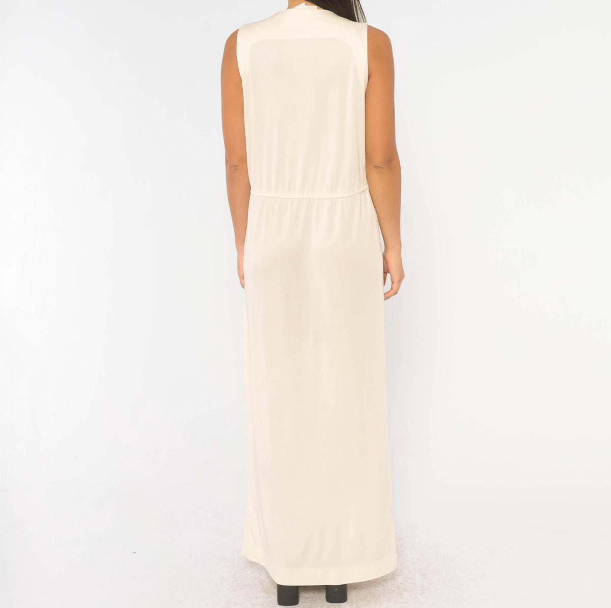 70s Victor Costa Cream Maxi Dress Deep V Neck Drop Waist Front Slit Medium