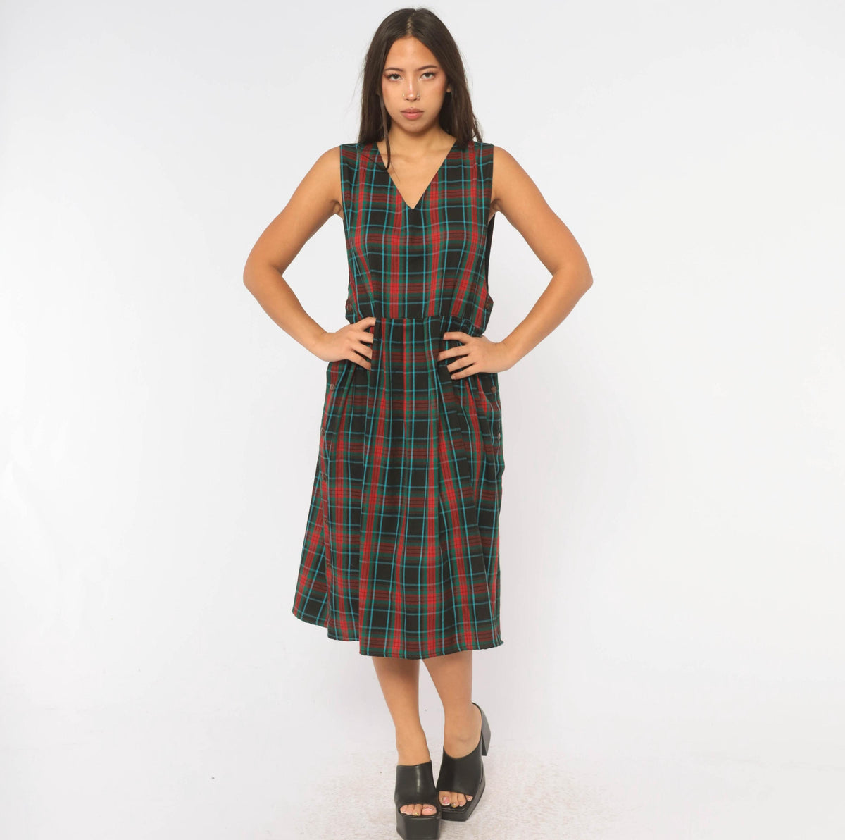 90s Bay Waters Plaid Midi Dress Black Red Teal V-Neck Drop Waist Large