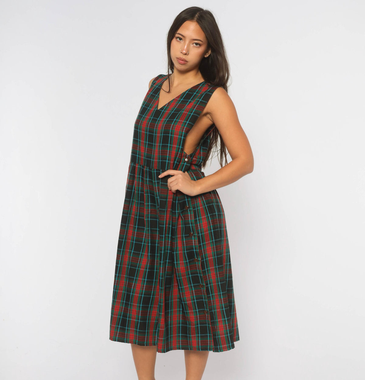 90s Bay Waters Plaid Midi Dress Black Red Teal V-Neck Drop Waist Large