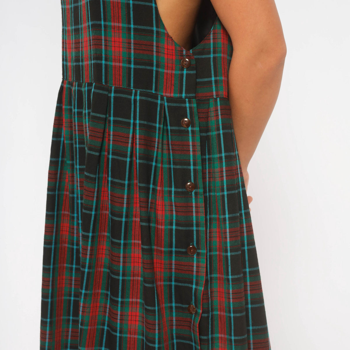 90s Bay Waters Plaid Midi Dress Black Red Teal V-Neck Drop Waist Large