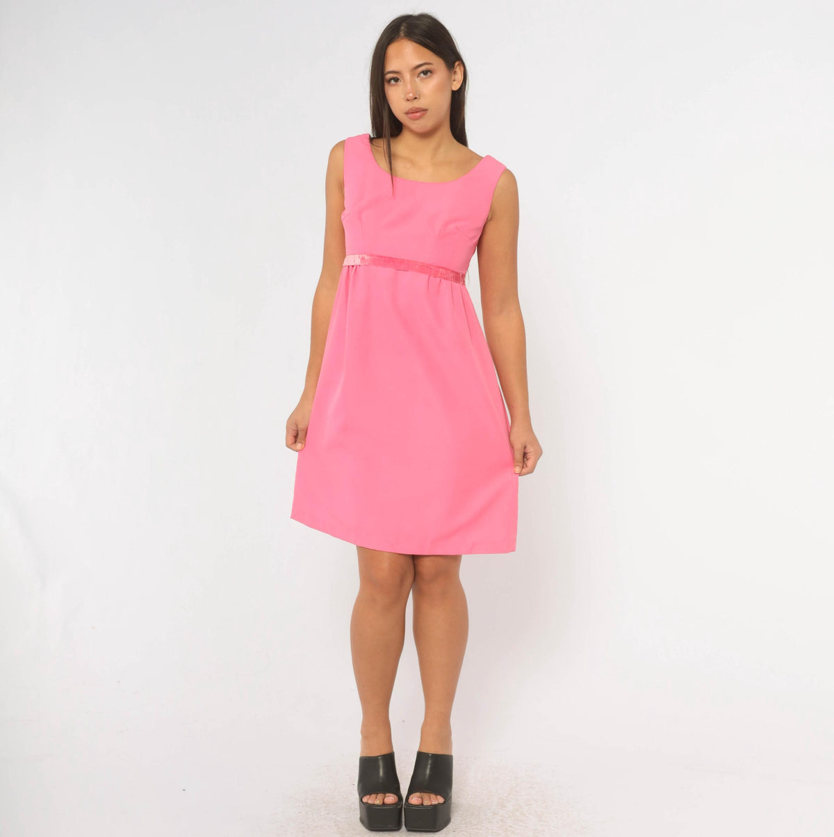 60s Pink Empire Waist Dress Sleeveless A-Line Knee Length Mod Cocktail Extra Small XS