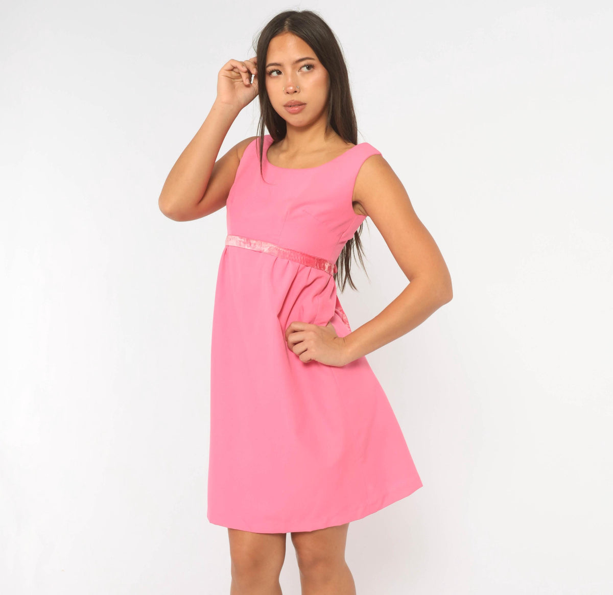 60s Pink Empire Waist Dress Sleeveless A-Line Knee Length Mod Cocktail Extra Small XS