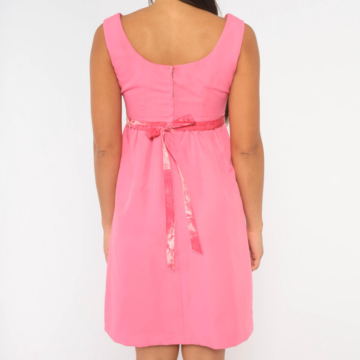 60s Pink Empire Waist Dress Sleeveless A-Line Knee Length Mod Cocktail Extra Small XS