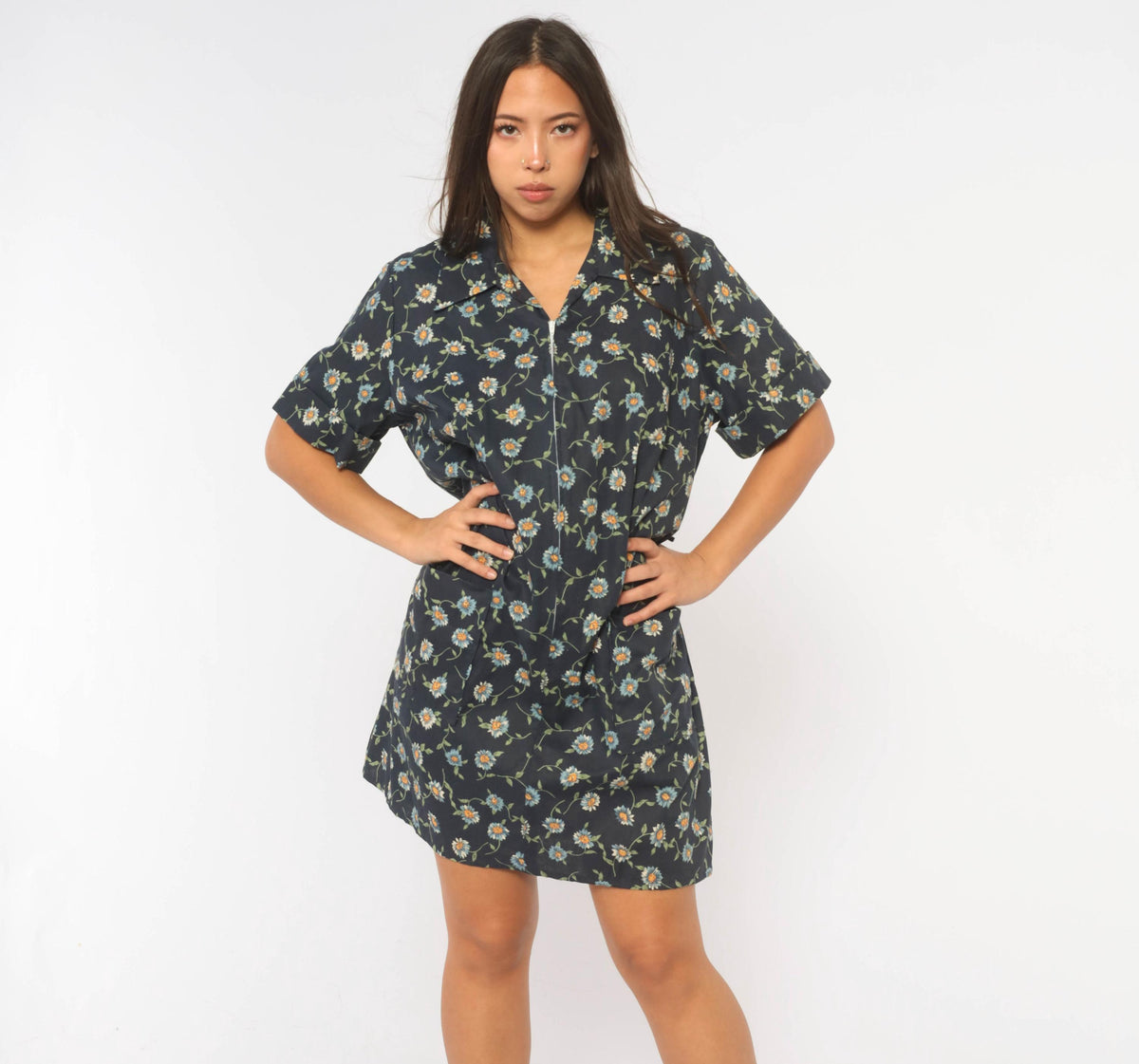 90s Just for Women Navy Floral Daisy Shift Dress Knee Length Large L