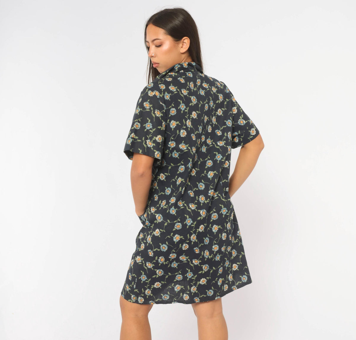 90s Just for Women Navy Floral Daisy Shift Dress Knee Length Large L