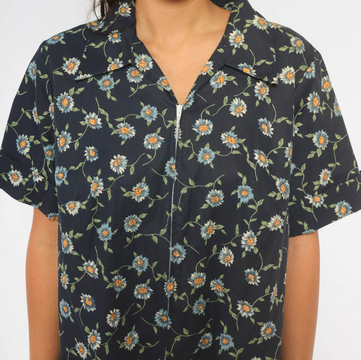 90s Just for Women Navy Floral Daisy Shift Dress Knee Length Large L