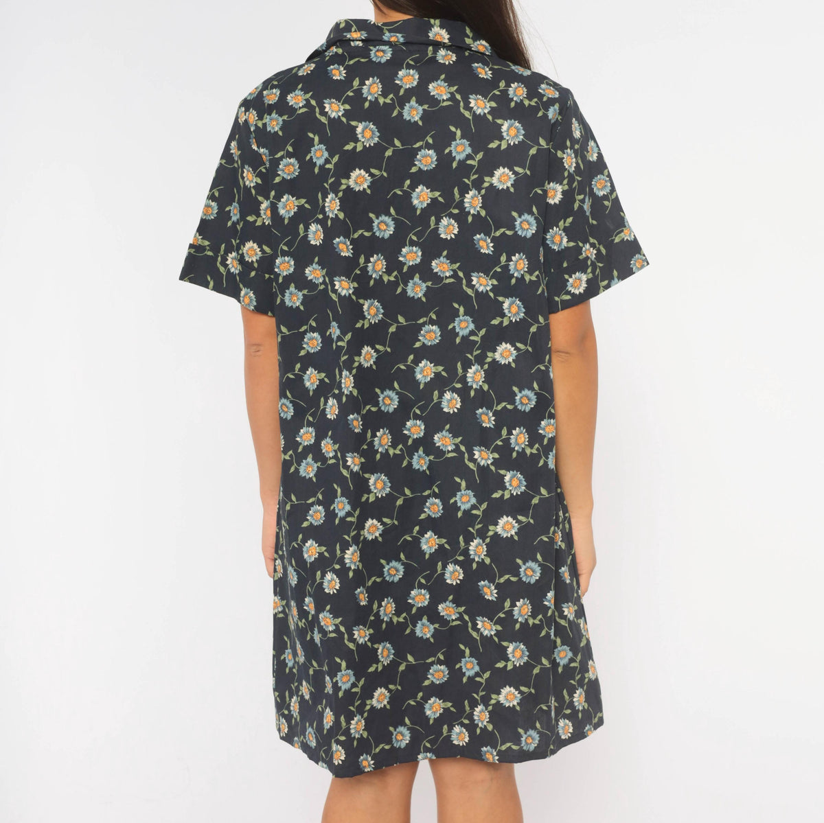 90s Just for Women Navy Floral Daisy Shift Dress Knee Length Large L
