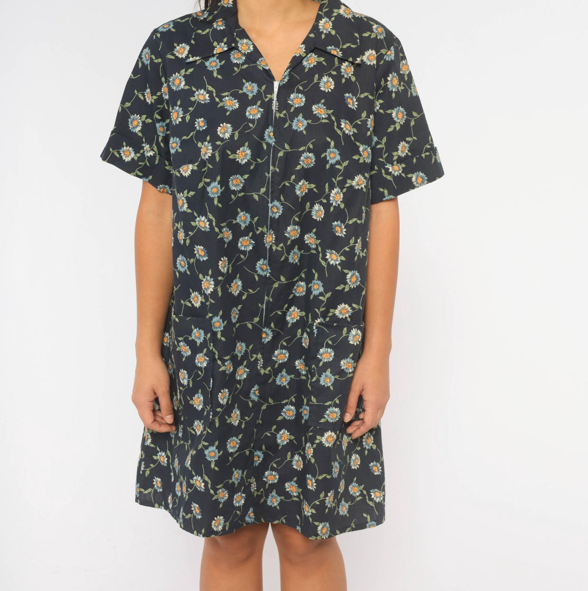 90s Just for Women Navy Floral Daisy Shift Dress Knee Length Large L