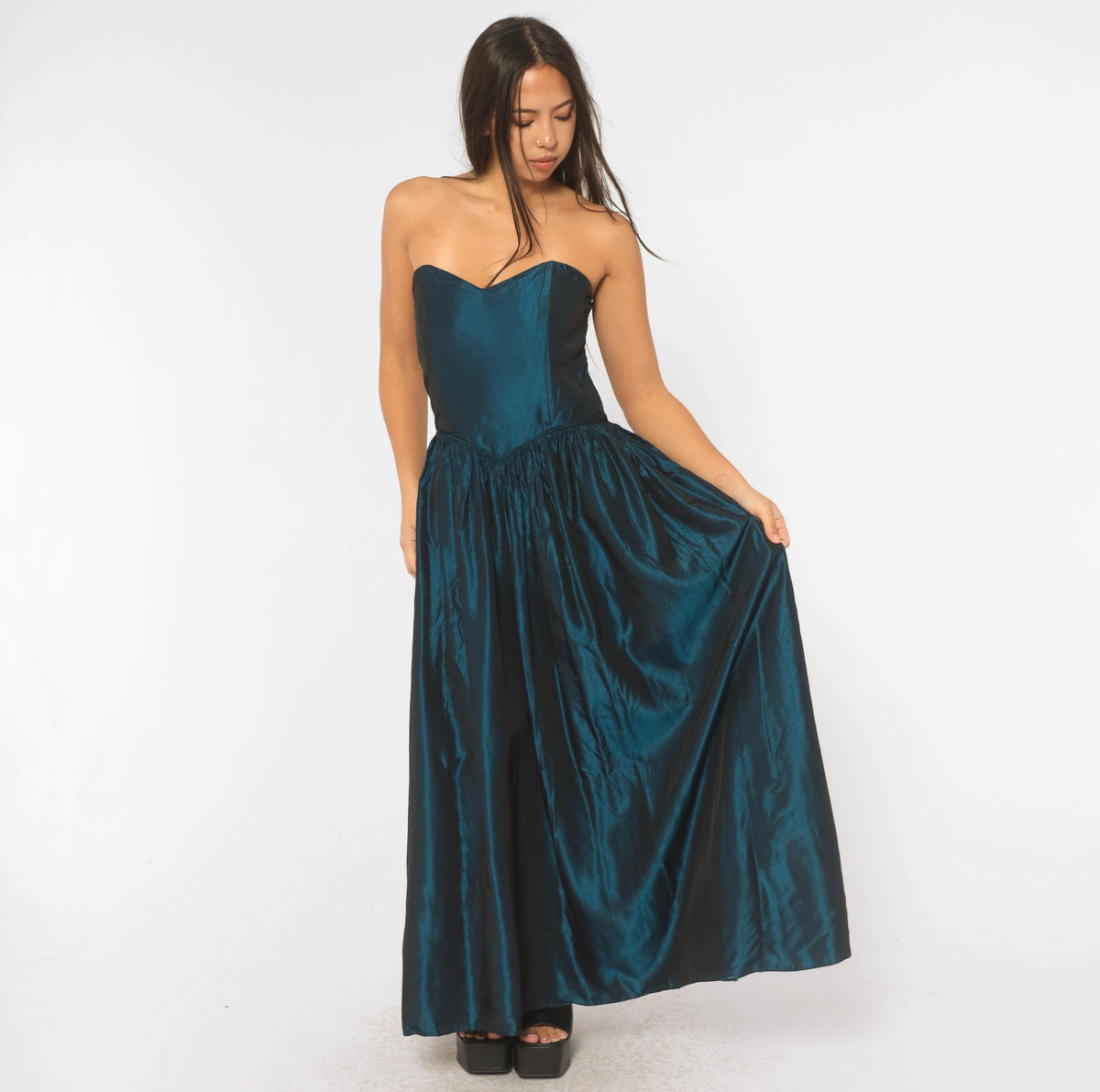 80s Teal Iridescent Strapless Prom Dress Sweetheart Neckline Drop Waist Medium