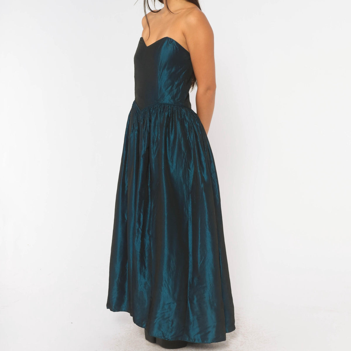 80s Teal Iridescent Strapless Prom Dress Sweetheart Neckline Drop Waist Medium