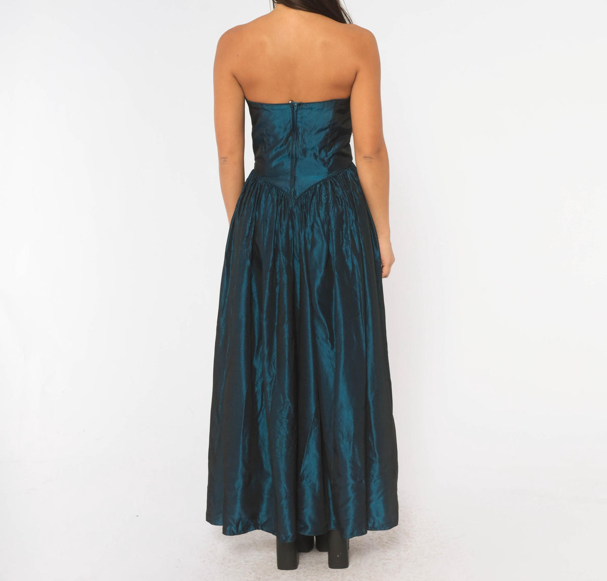 80s Teal Iridescent Strapless Prom Dress Sweetheart Neckline Drop Waist Medium