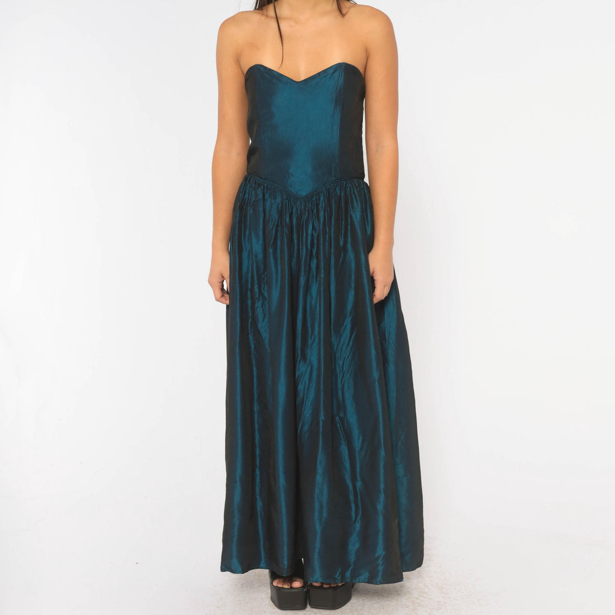 80s Teal Iridescent Strapless Prom Dress Sweetheart Neckline Drop Waist Medium