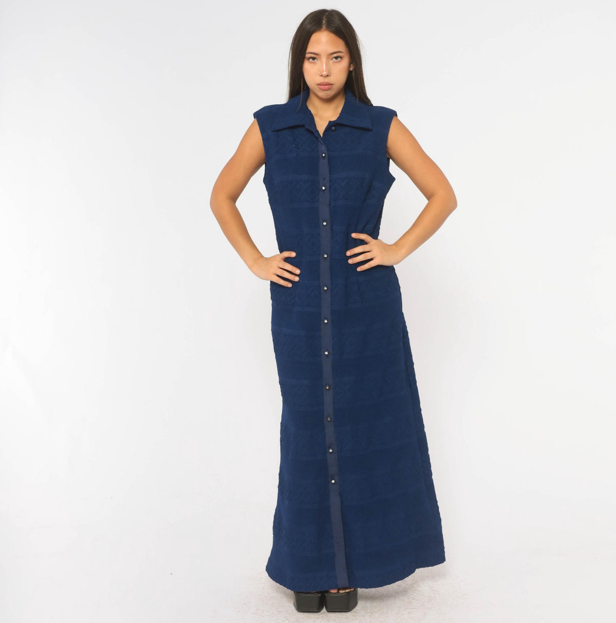 70s Navy Maxi Dress Sleeveless Button Front Pointelle Knit Shirtdress Large L