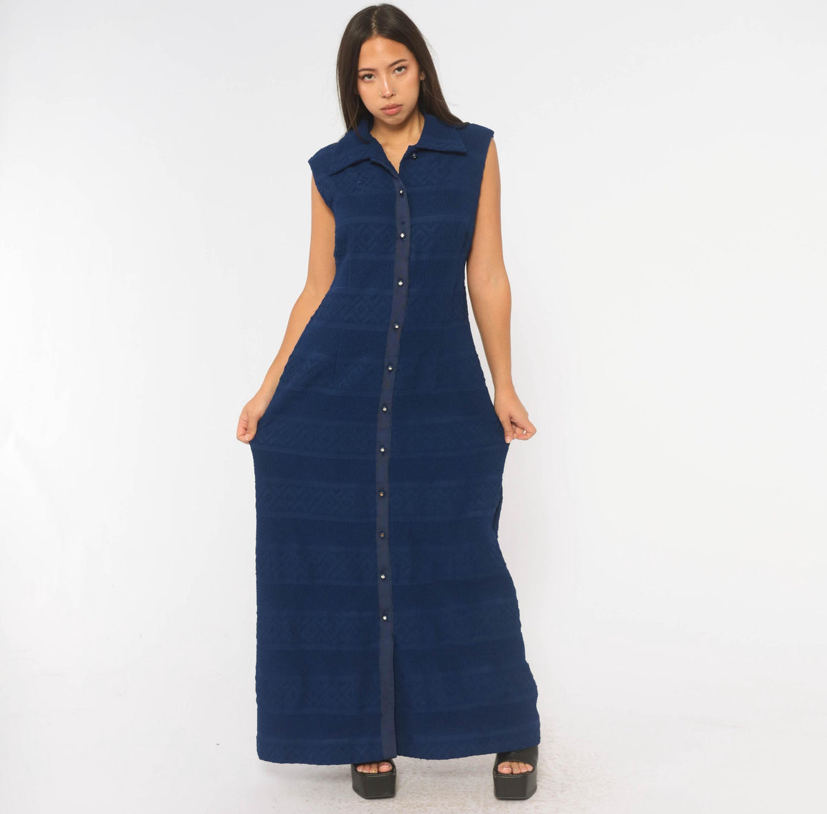 70s Navy Maxi Dress Sleeveless Button Front Pointelle Knit Shirtdress Large L