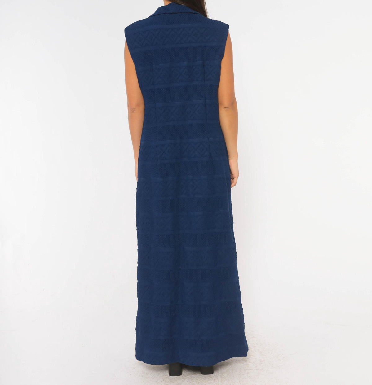 70s Navy Maxi Dress Sleeveless Button Front Pointelle Knit Shirtdress Large L